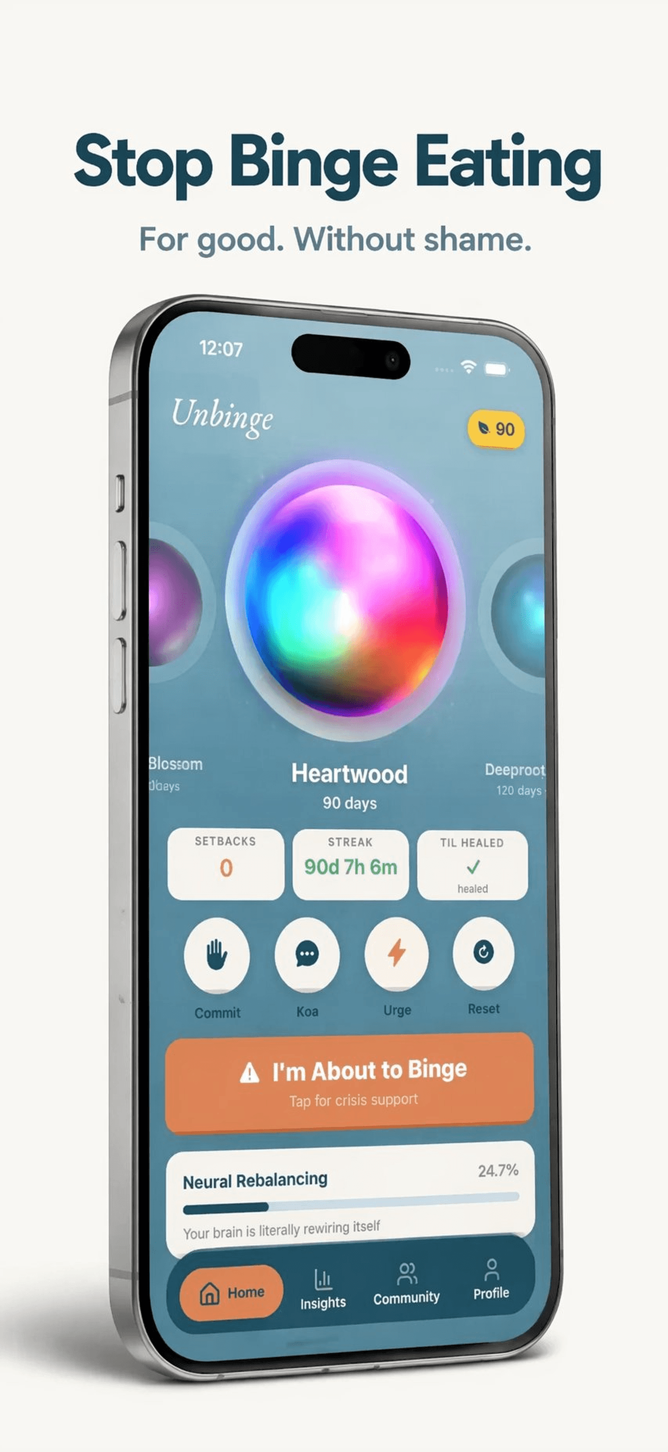 Unbinge app home screen — Stop binge eating, for good, without shame