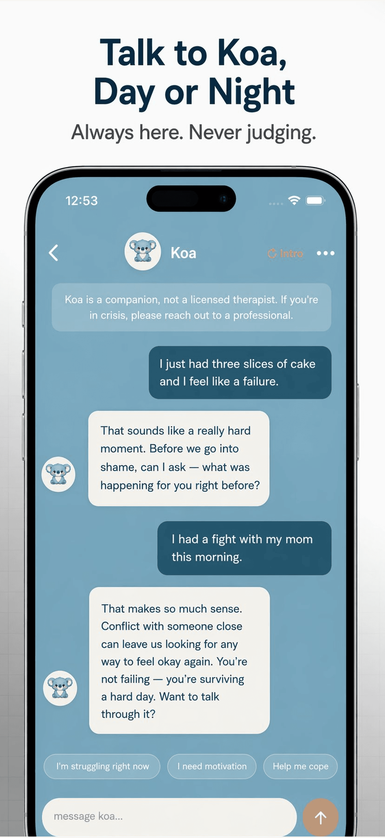 Talk to Koa, day or night — always here, never judging